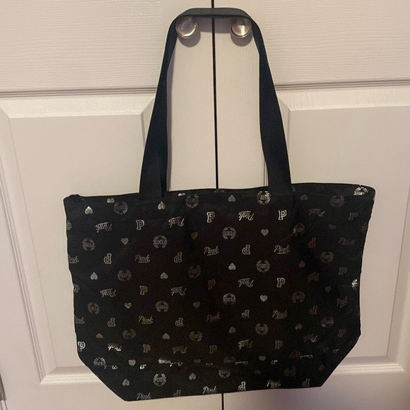 🖤VICTORIA’S SECRET🖤💕PINK💕🖤Black & Silver🩶Logo Large Canvas Tote Bag/NWT - Picture 1 of 6